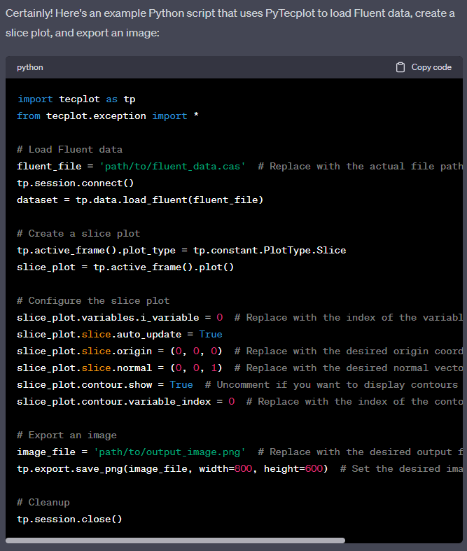 ChatGPT answer to prompt Write me a Python script using PyTecplot to load Fluent data, draw a slice, and export an image